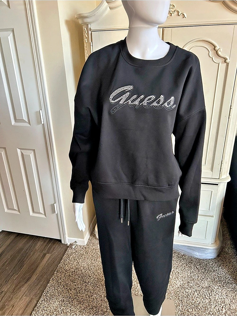 Guess Black Rhinestone Logo Sweatshirt Set Like New